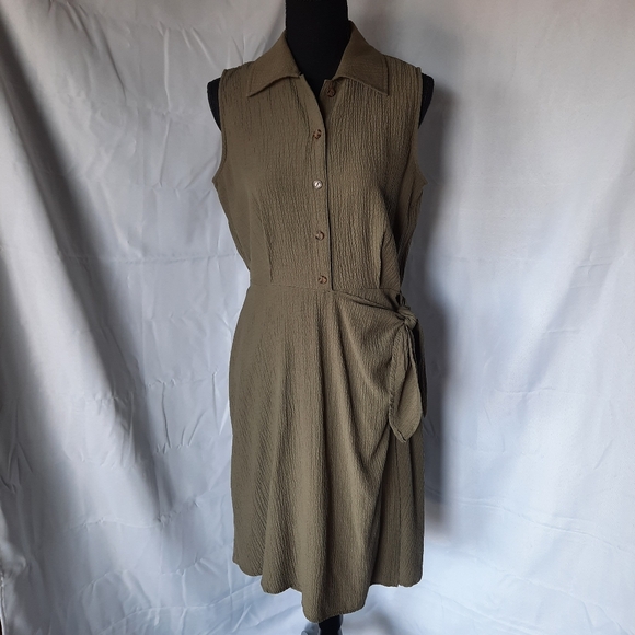 Calvin Klein Faux Wrap Dress Size 6 Army Olive Green Side Tie Minimalist - Picture 1 of 16
